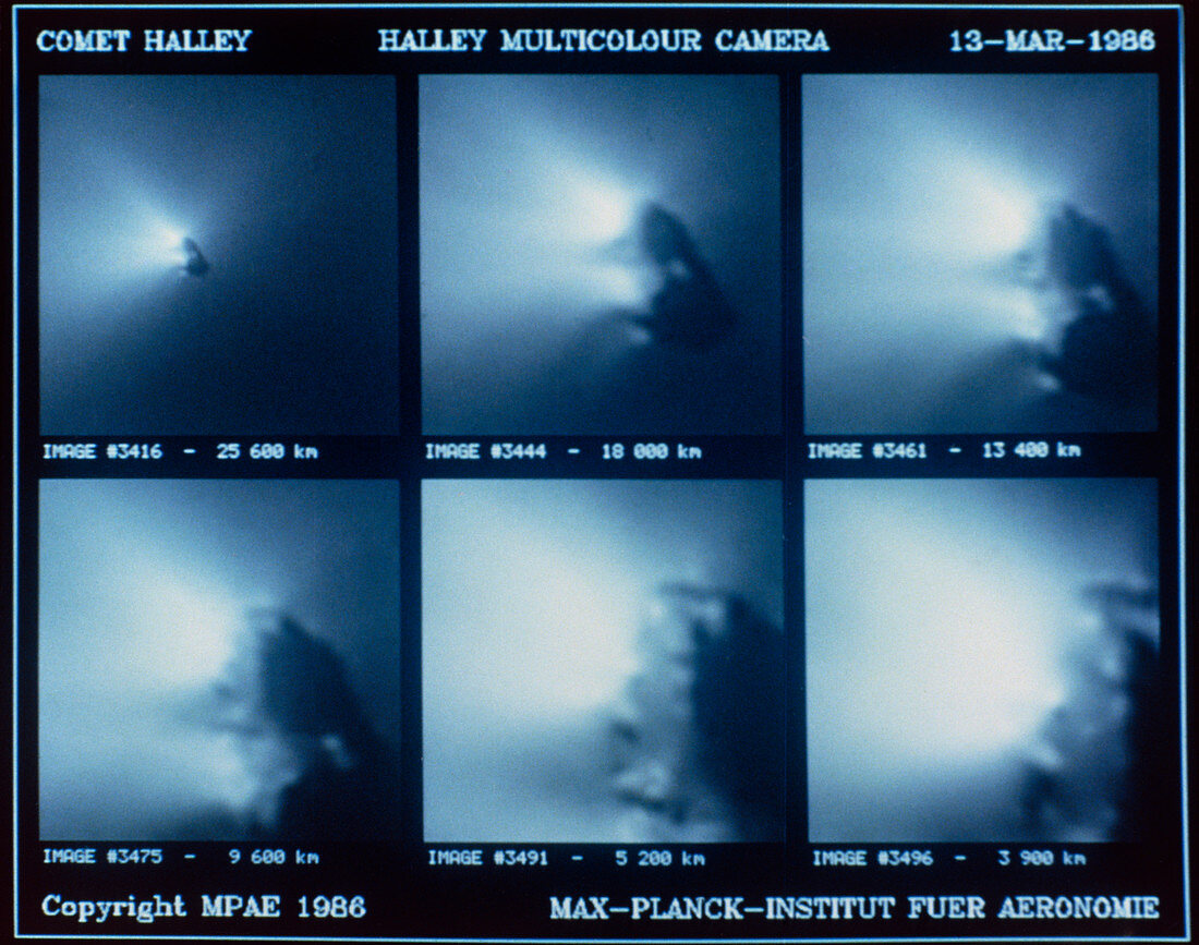 Comet Halley seen by Giotto at different distances
