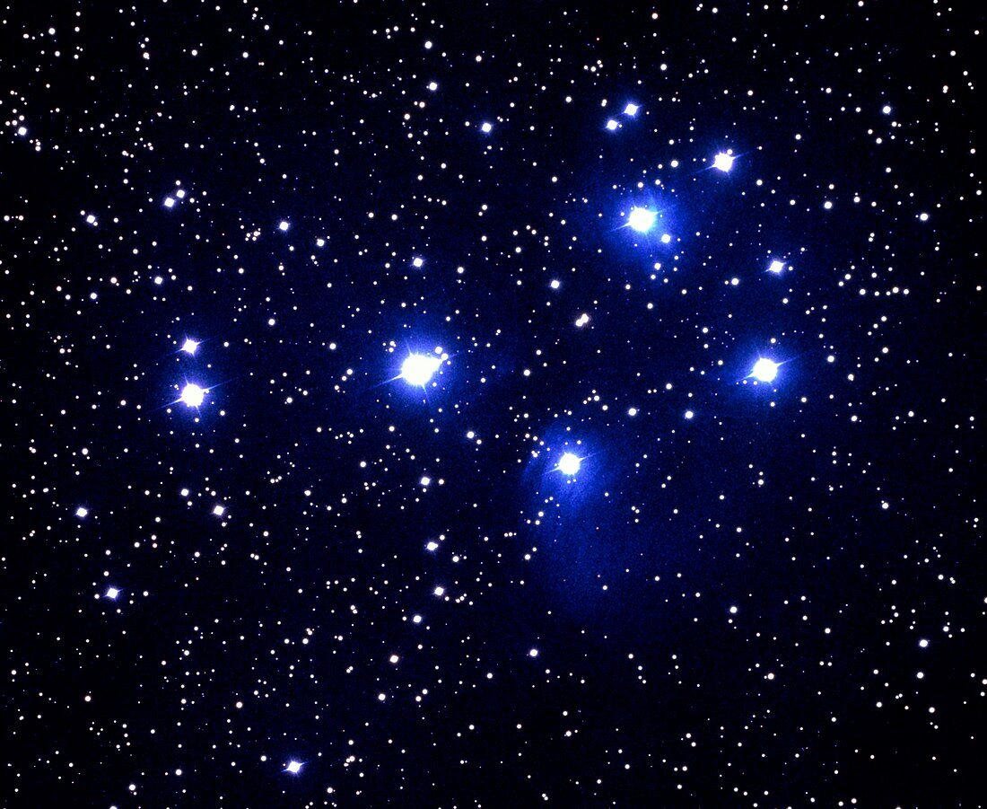 Optical photo of the Pleiades star cluster