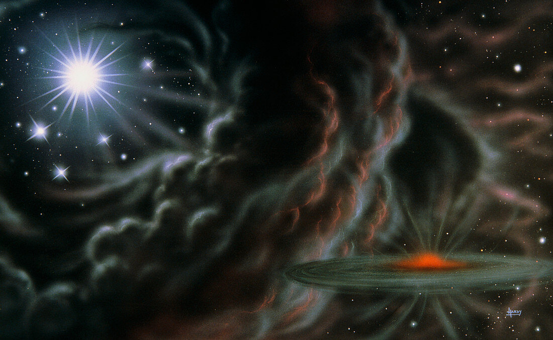 Illustration of starbirth in nebula w/supernova
