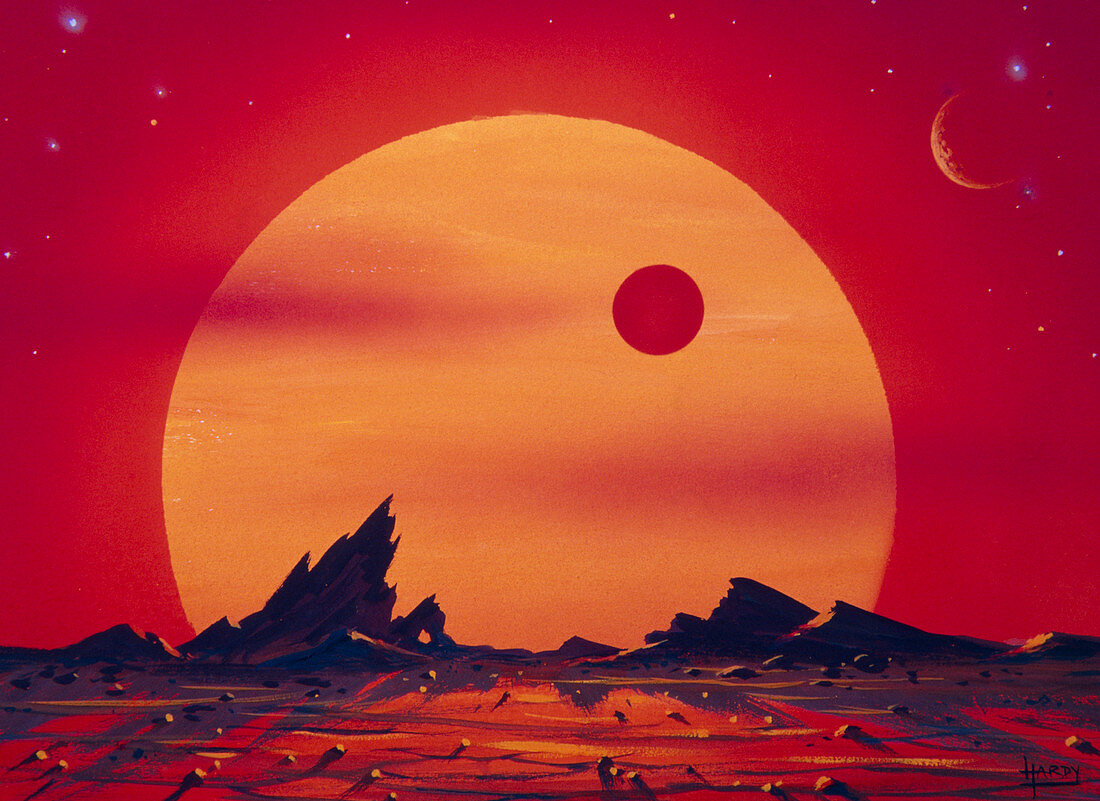 Artwork of a red giant star seen from a planet