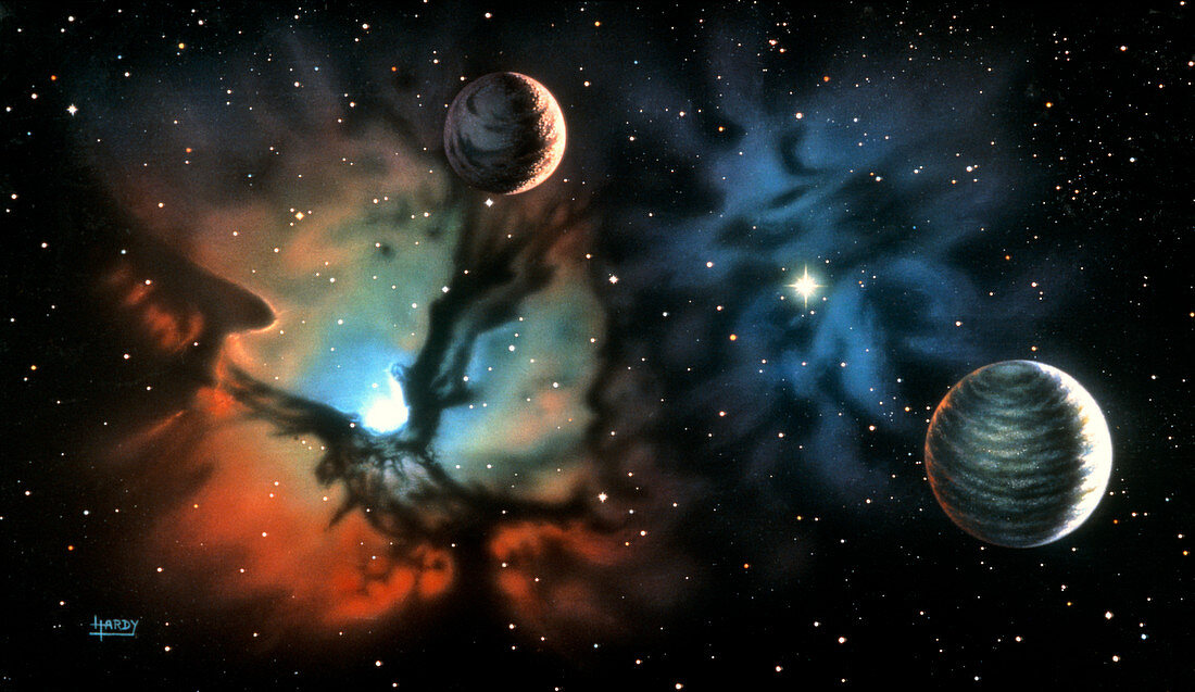 Artwork showing Earth-like planet & Trifid Nebula