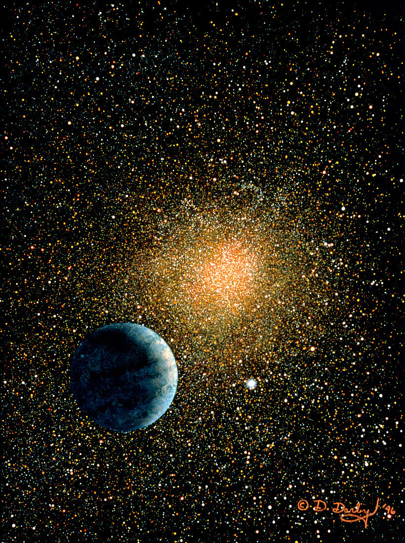 Artwork of a planet near globular cluster M22