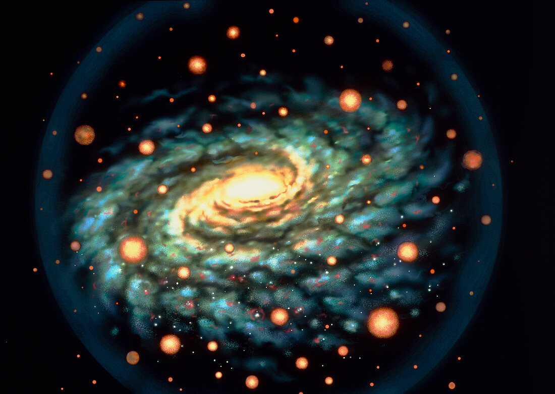 Artwork of a spiral galaxy and globular clusters