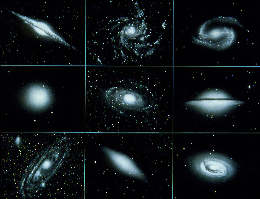 Artwork of nine types of galaxy