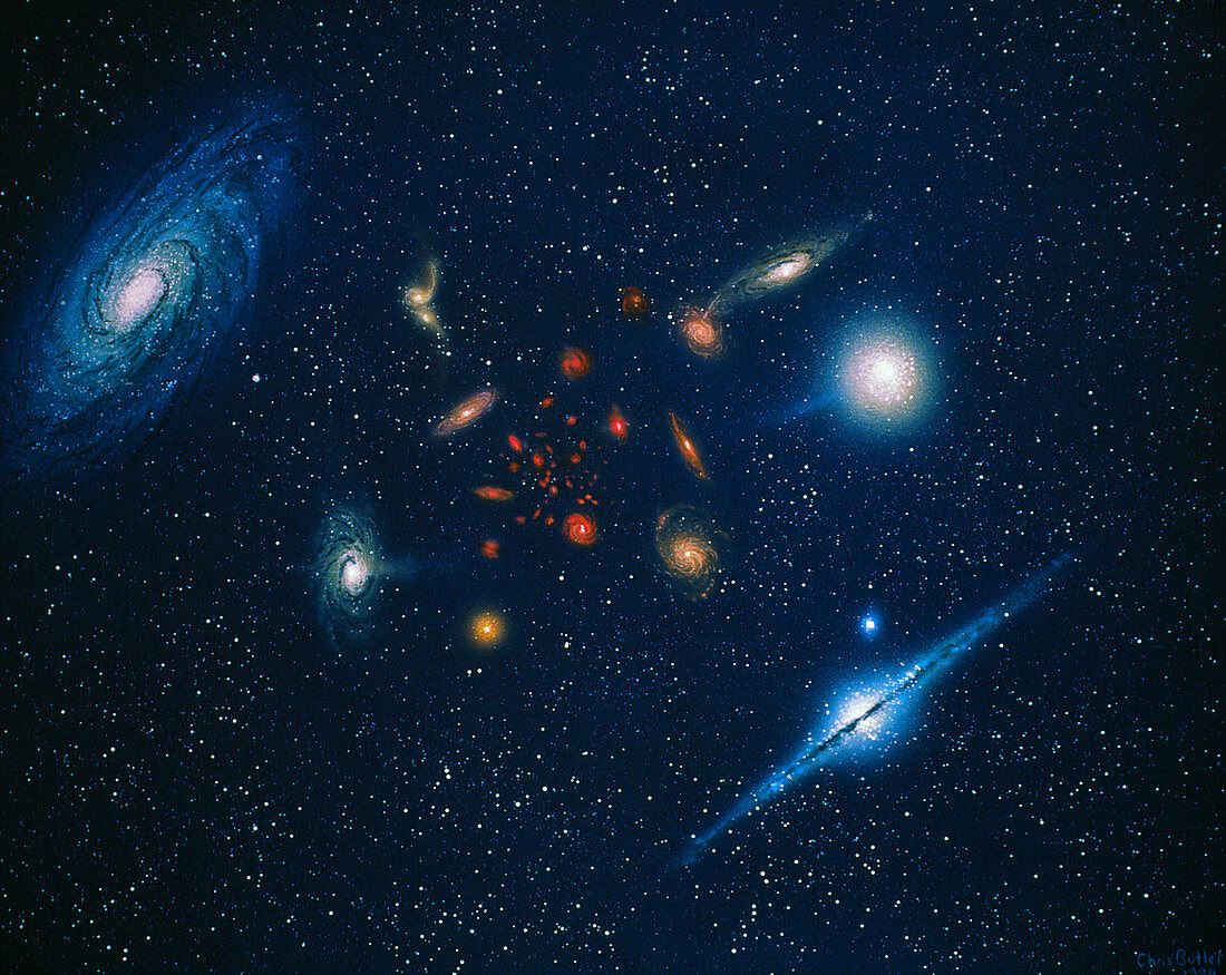 Artwork of galaxies showing red shift