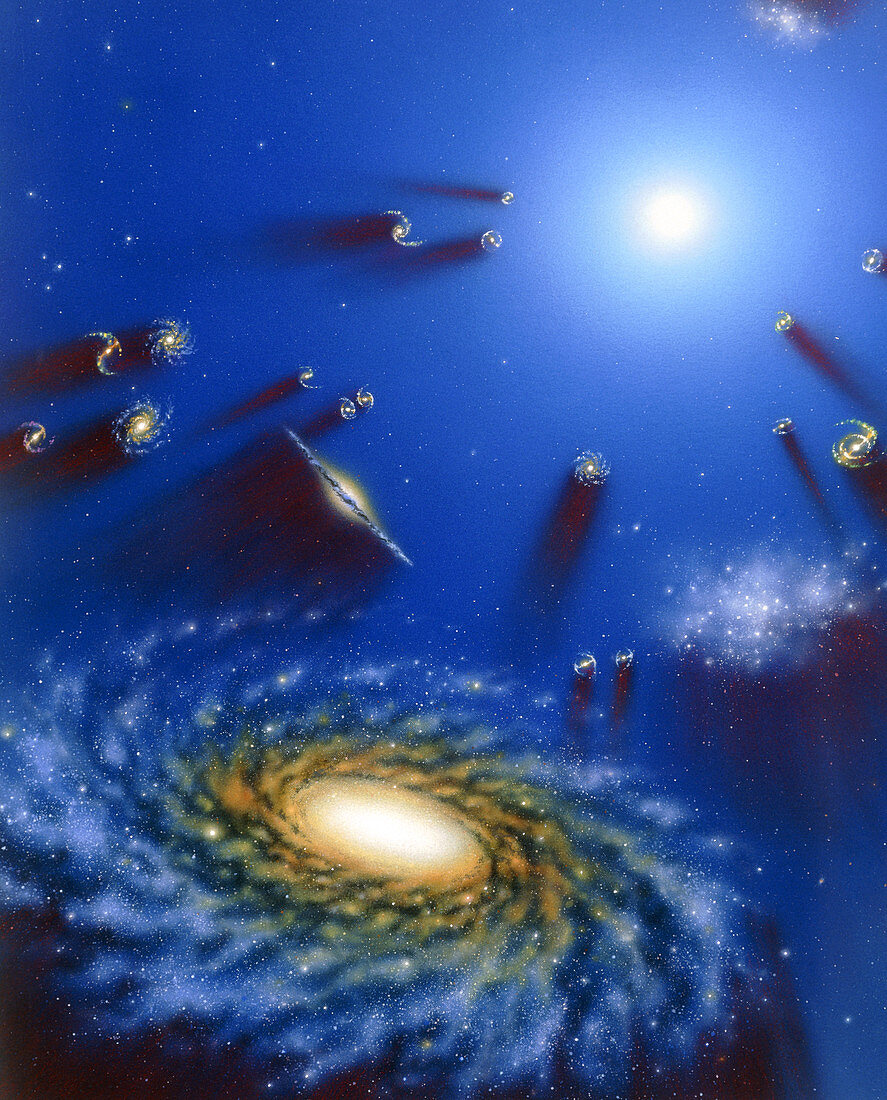 Artwork of a quasar with nearby galaxies