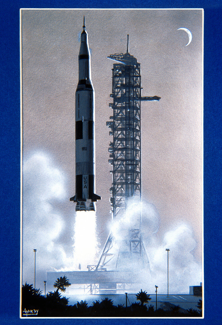 Artwork of a Saturn V rocket taking off