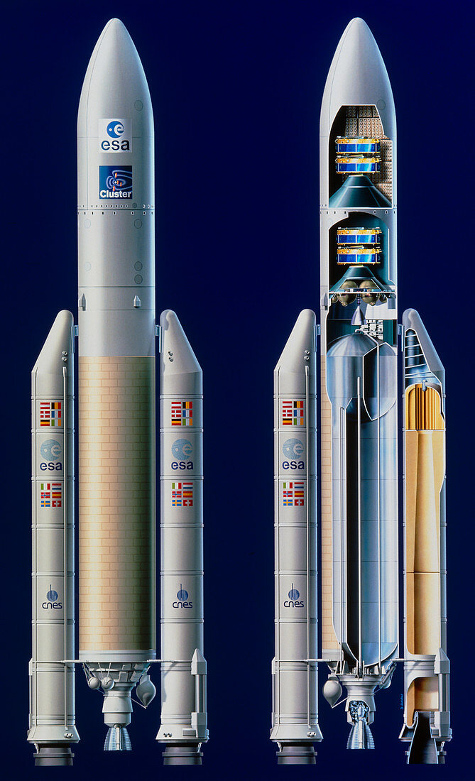 Overall view and cut-away of the Ariane 5 launcher