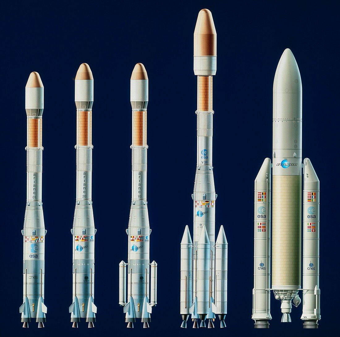 Artwork showing the Ariane series of launchers
