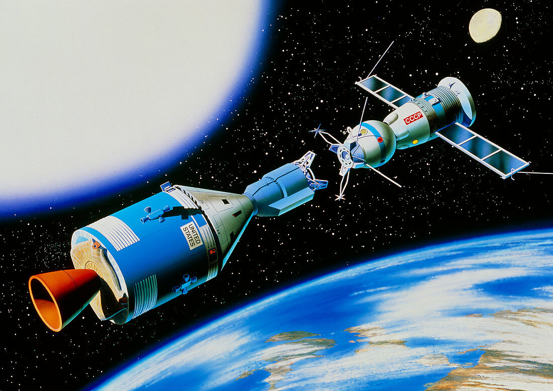 Artwork of Apollo-Soyuz rendevous in space