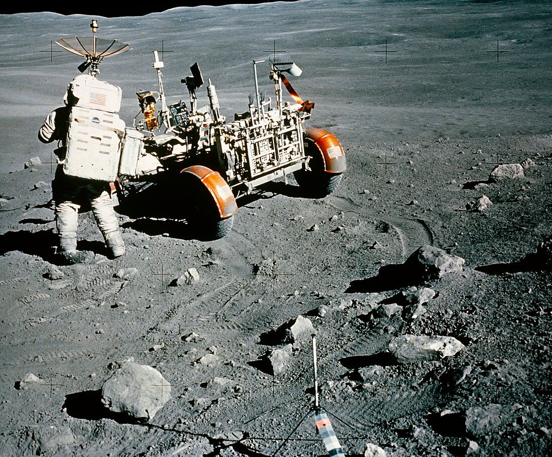 Apollo 16 astronaut Charles Duke with lunar rover