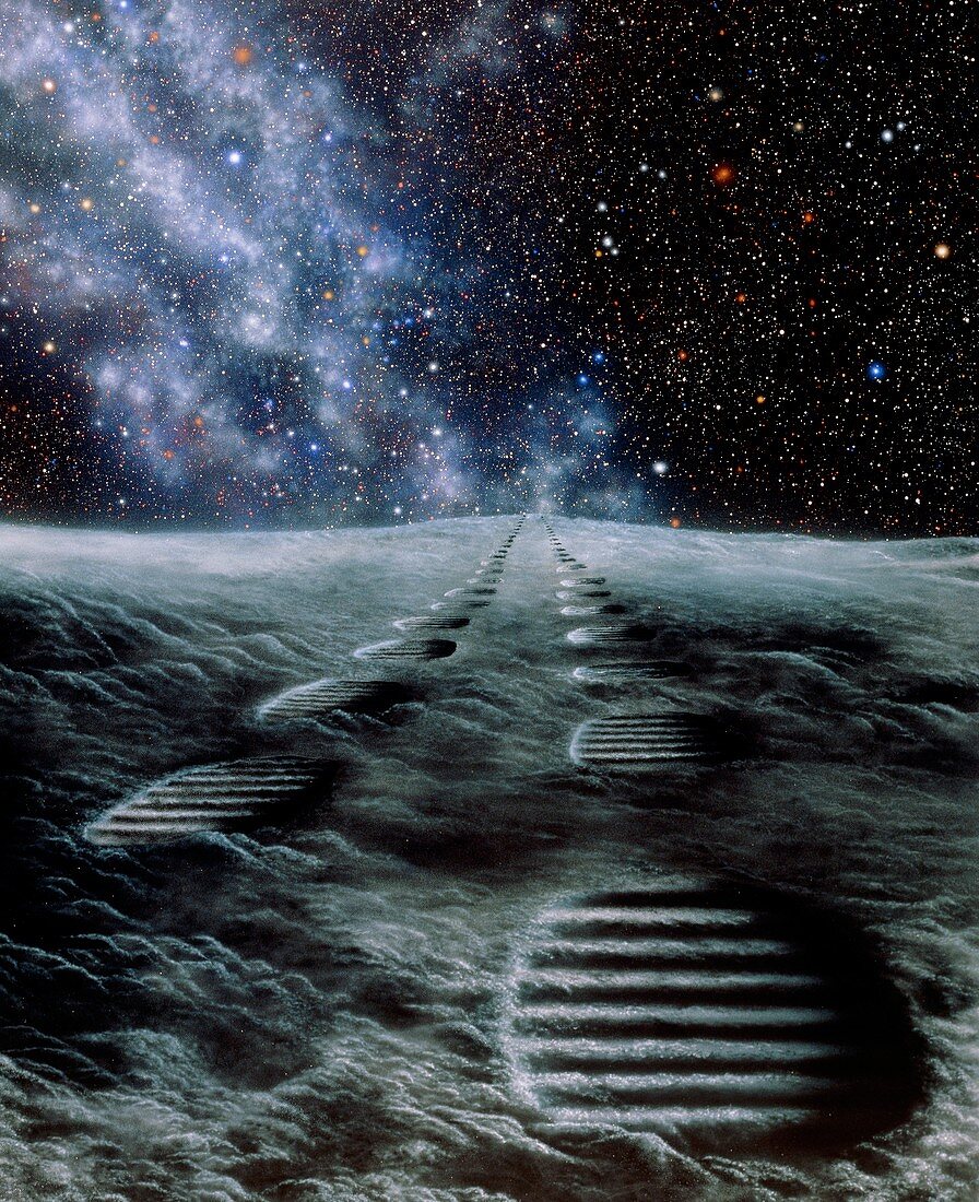 Artwork showing human footprints on the moon