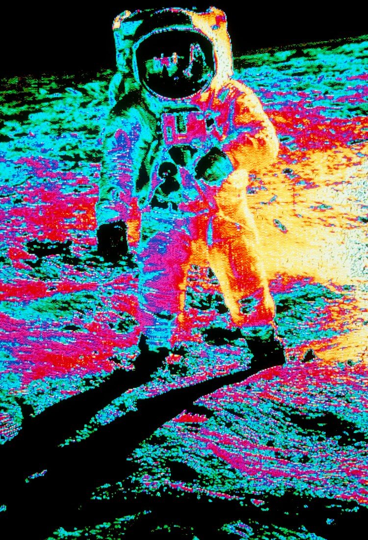 False-colour photo of Buzz Aldrin walking on moon
