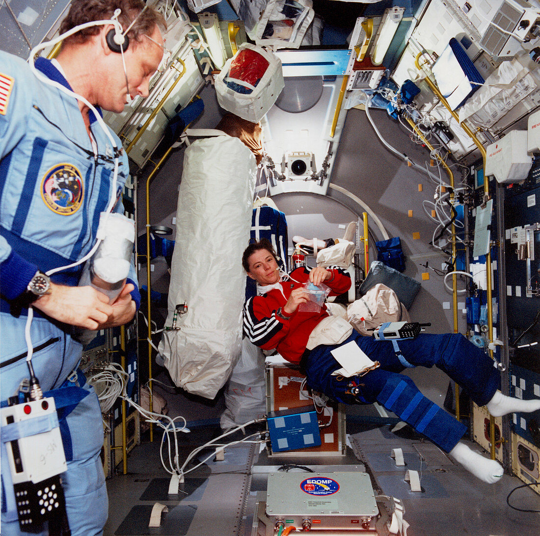 Astronauts Dunbar and Thagard inside Spacelab