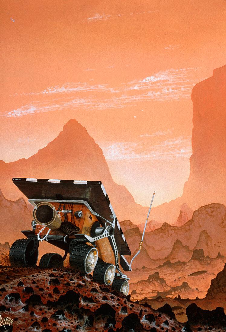 Artwork of the Sojourner rover on Mars' surface