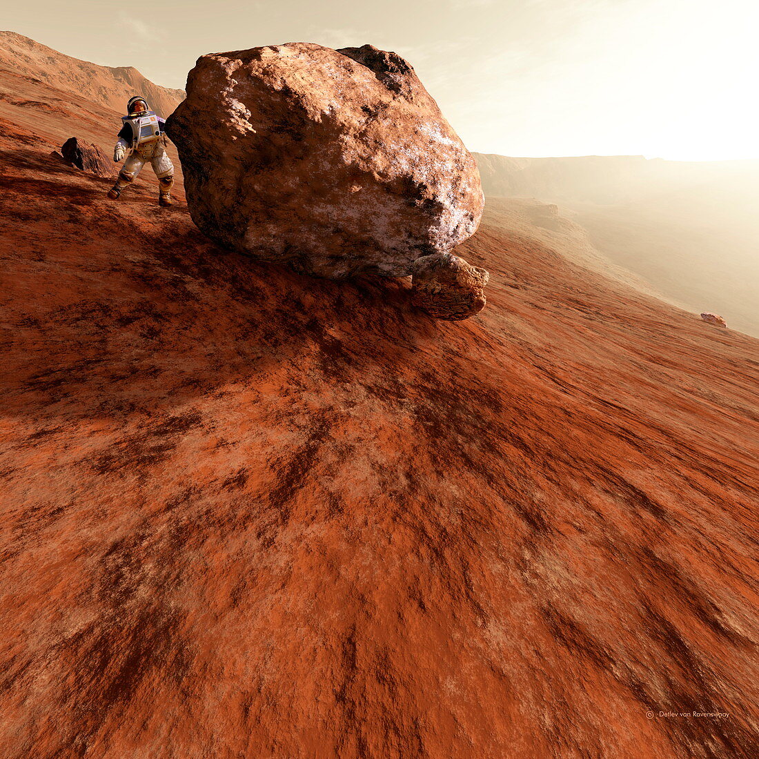 Astronaut on Mars next to rock,artwork