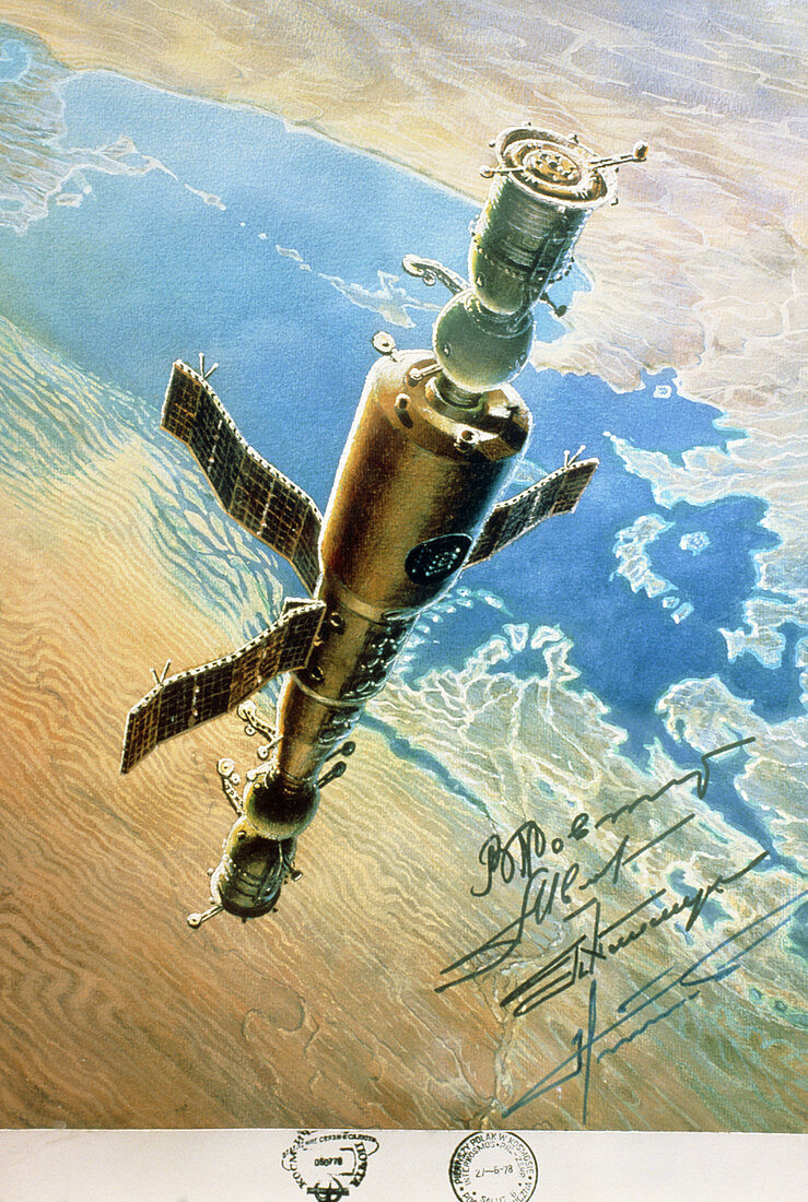 Painting of Salyut 6 over Baikonur cosmodrome