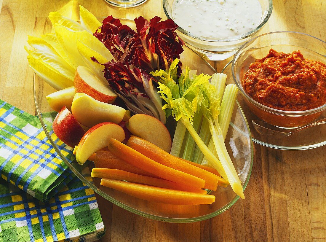 Sliced Fresh Vegetables and Dipping Sauce