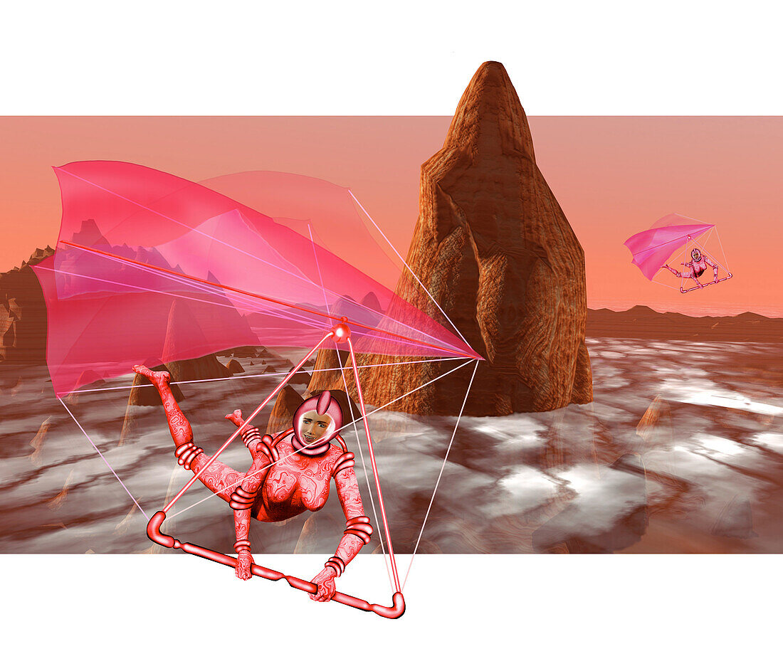 Computer artwork of women hang-gliding on Mars