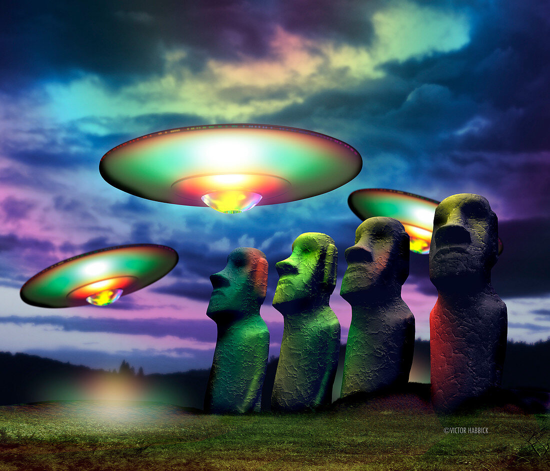 UFOs over statues