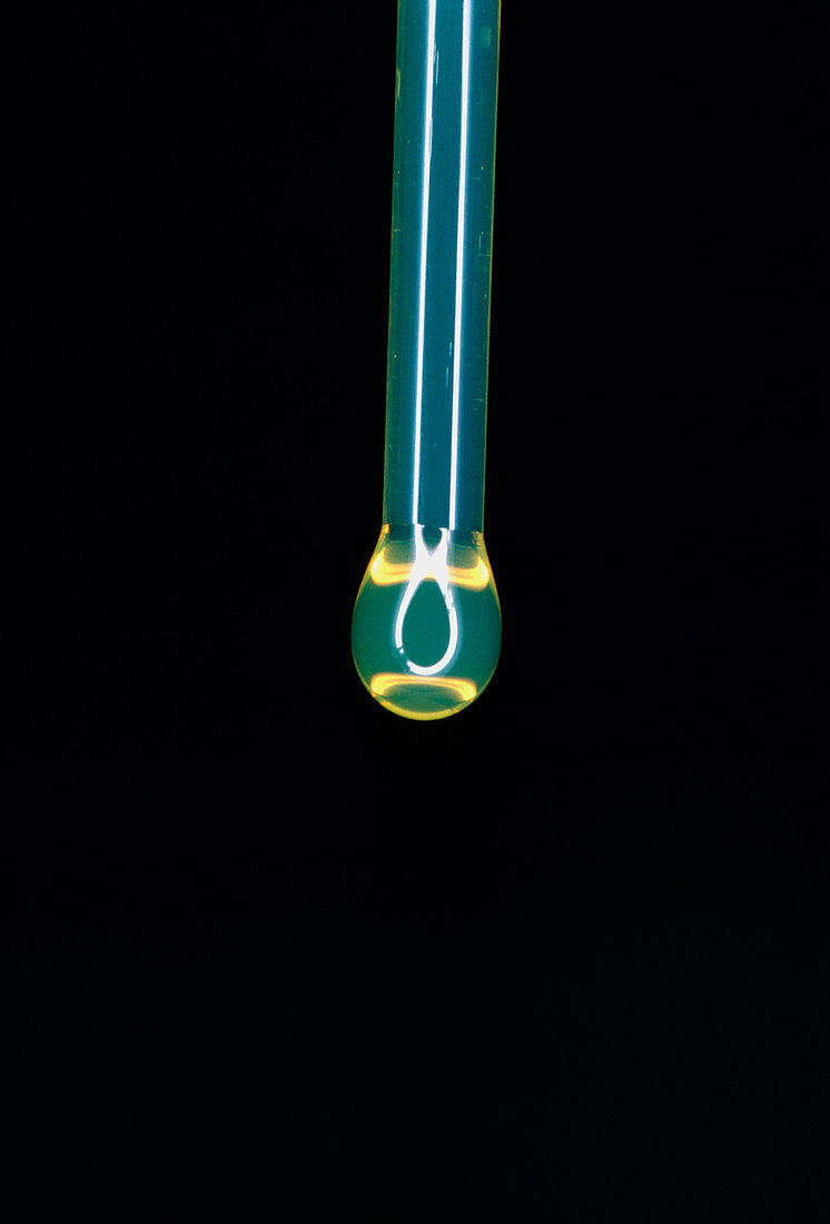 Drop of oil falling from a tube
