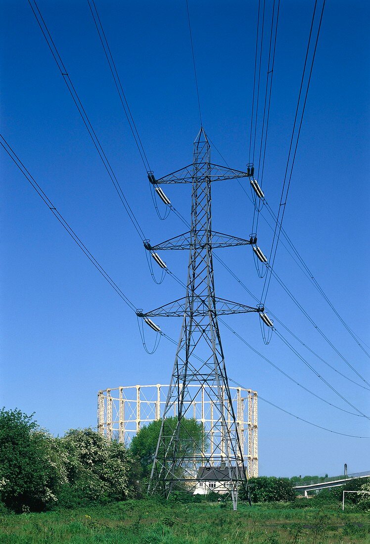 Electricty,pylon and gasometer