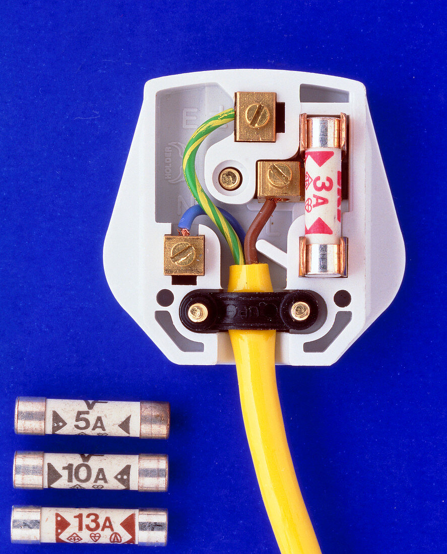Inside of a three-pin plug and three fuses