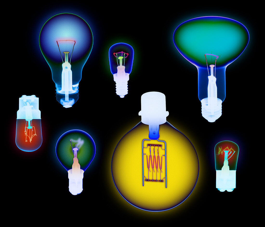 Coloured X-ray of assorted electric light bulbs