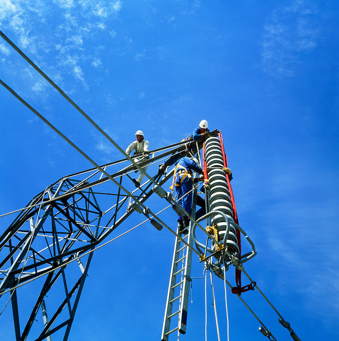 Technicians servicing a power line in training