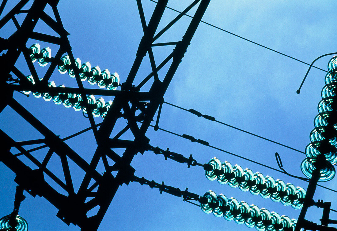 Electricity cables and insulators on a pylon