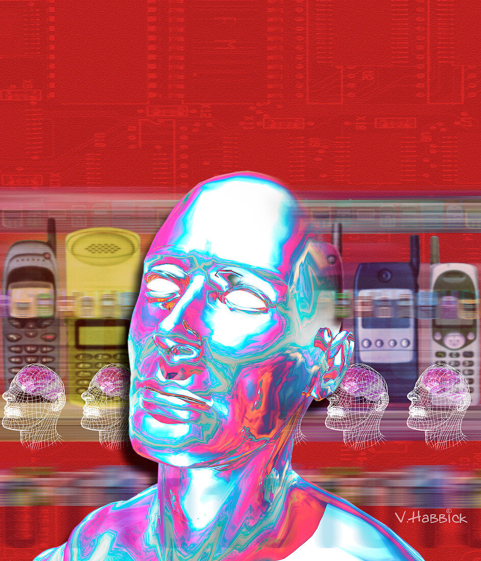 Computer artwork of man's head with mobile phones