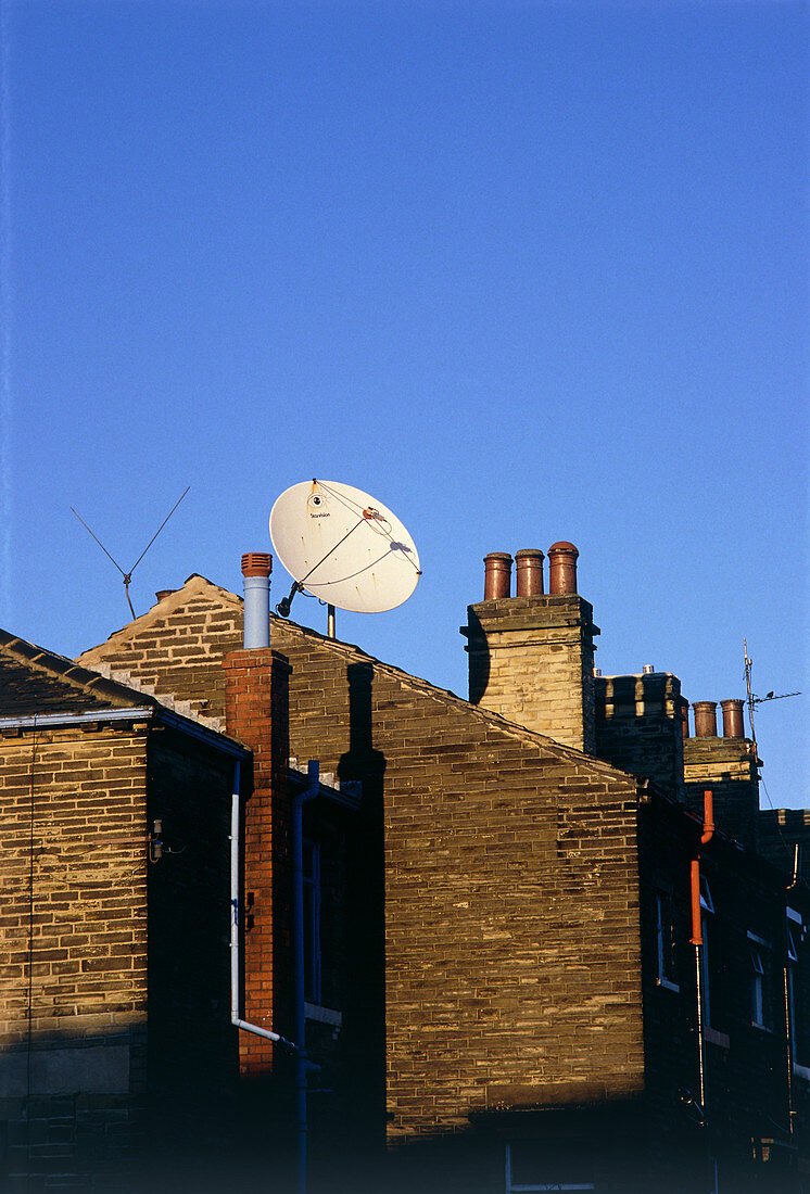 Satellite receiving dish of house roof