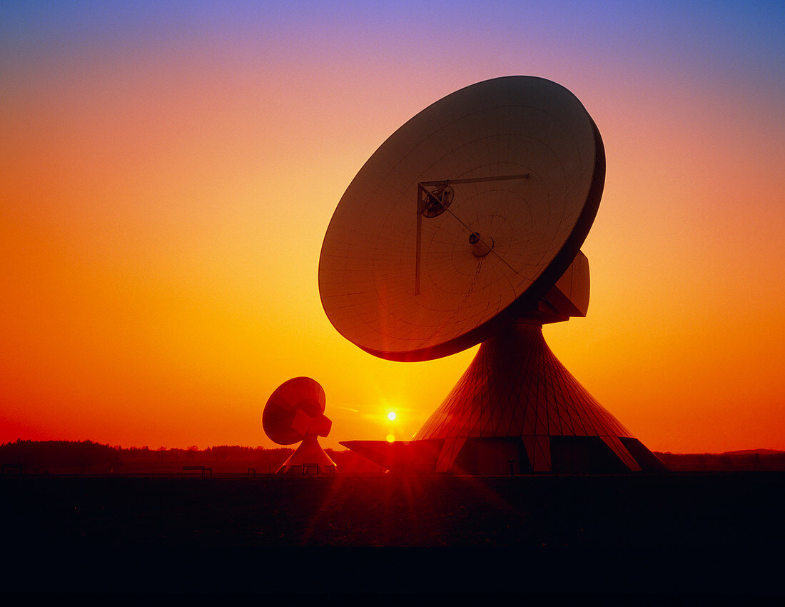 Satellite dishes near Munich,Germany at sunset