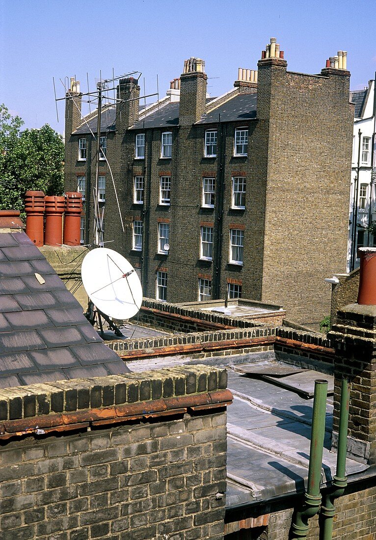 TV aerials and satellite dish on rooftops,London
