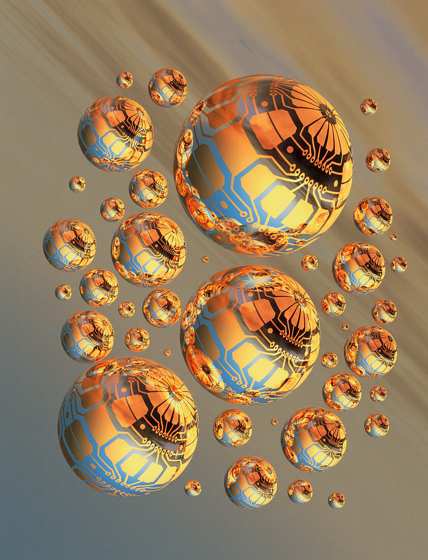 Computer artwork of spheres covered in circuits