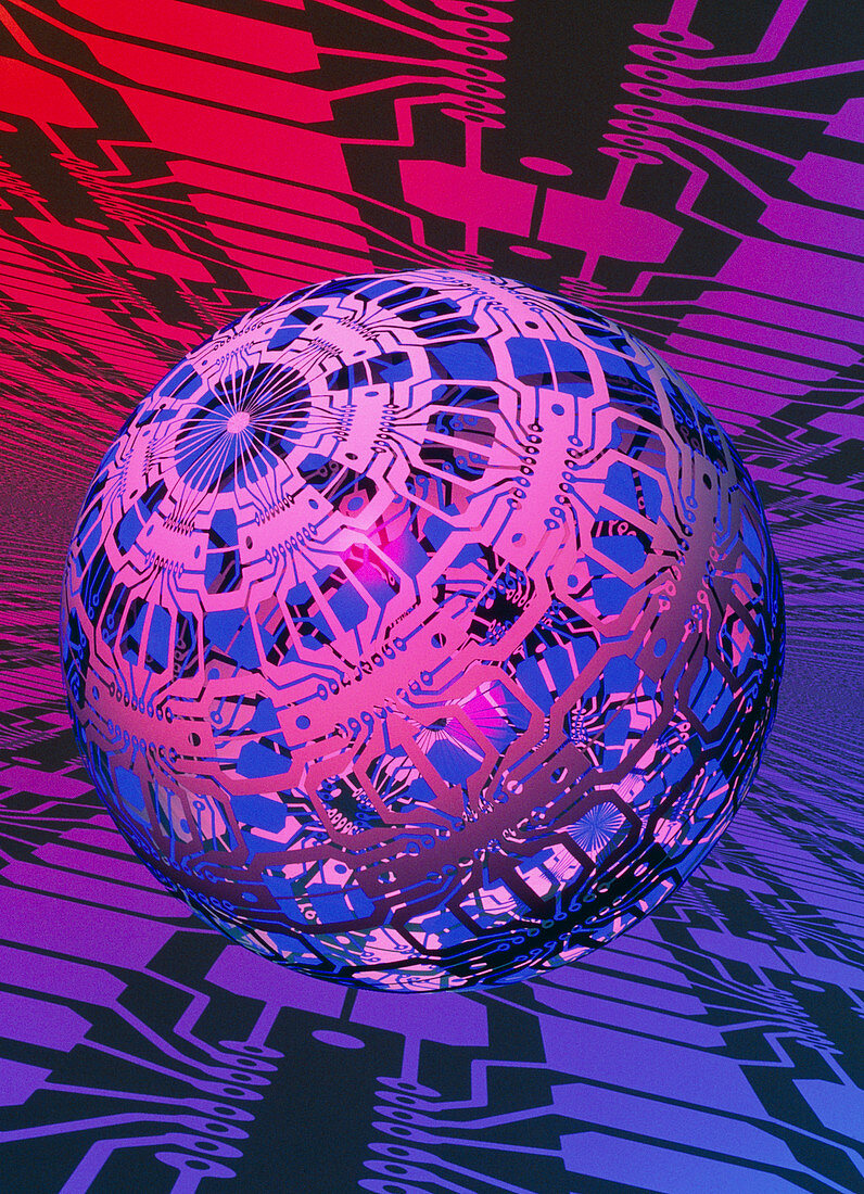Computer artwork of a sphere covered in circuits