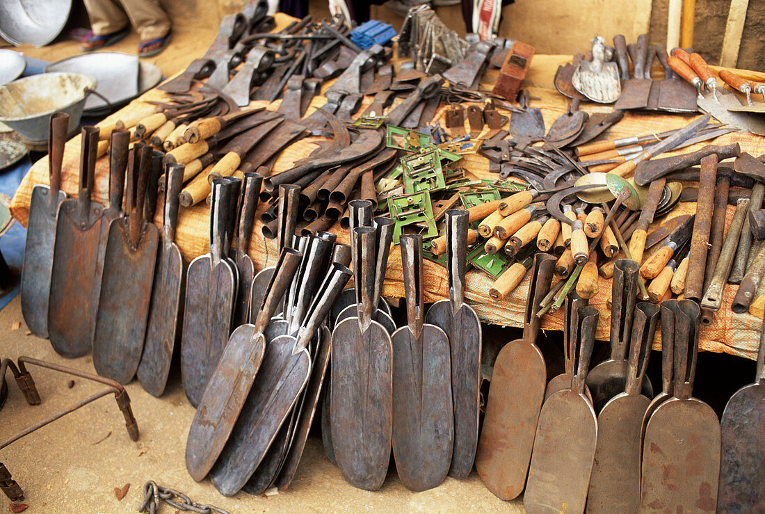 Agricultural tools at a market