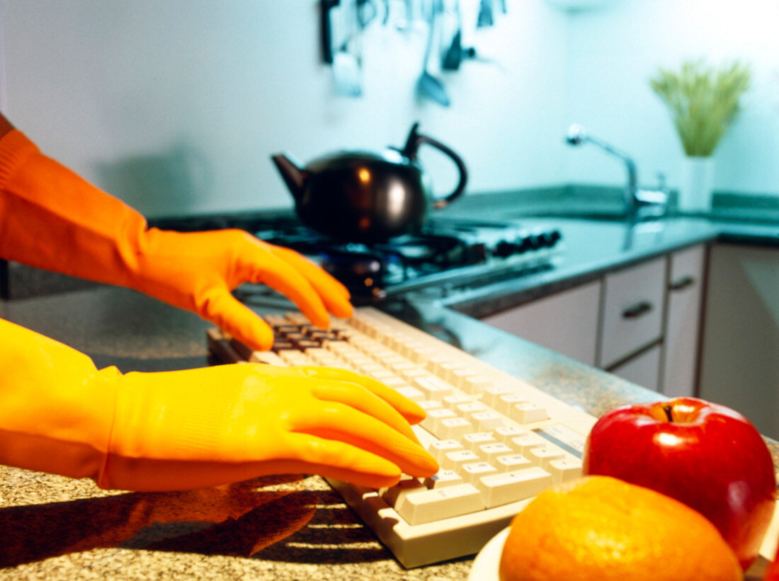 Gloved hands using computer keyboard in a kitchen