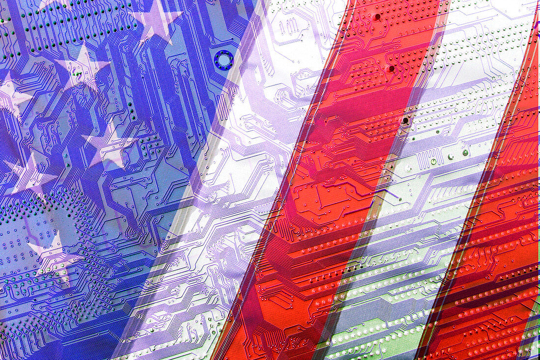 American flag over a circuit board