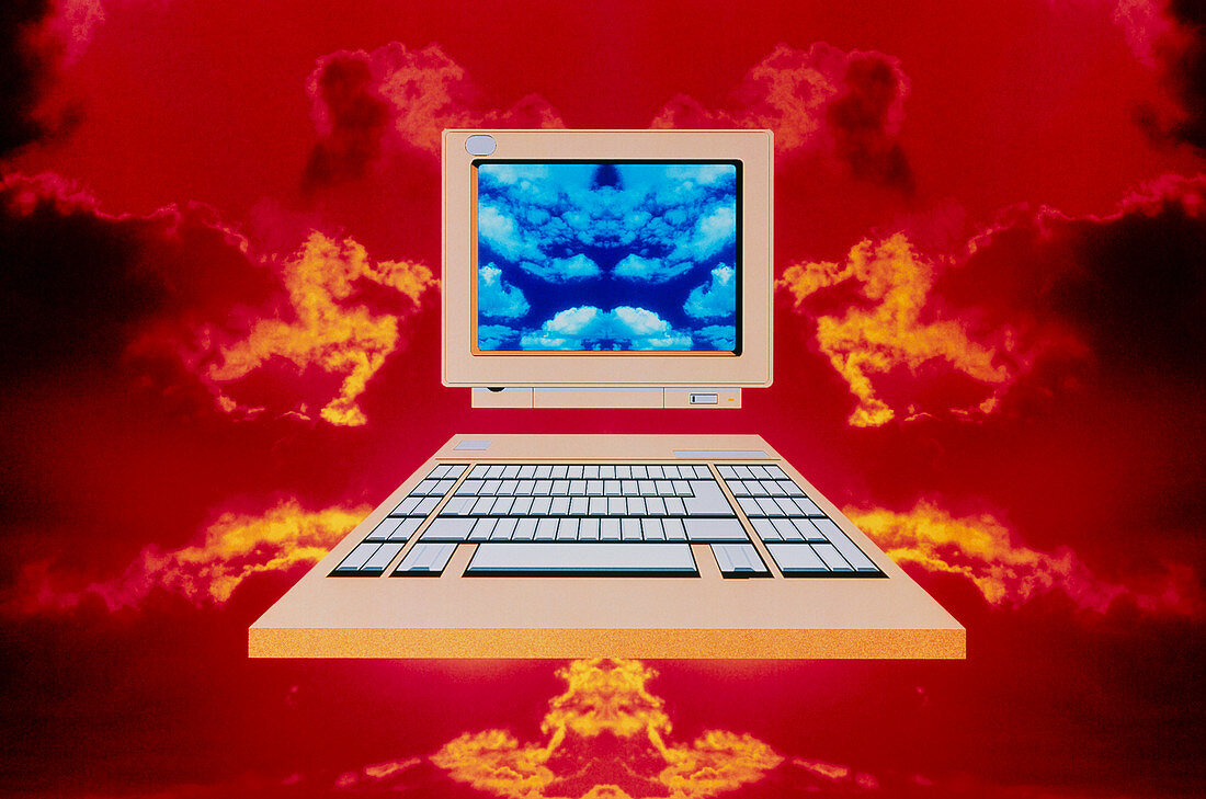 Abstract art of a personal computer among clouds