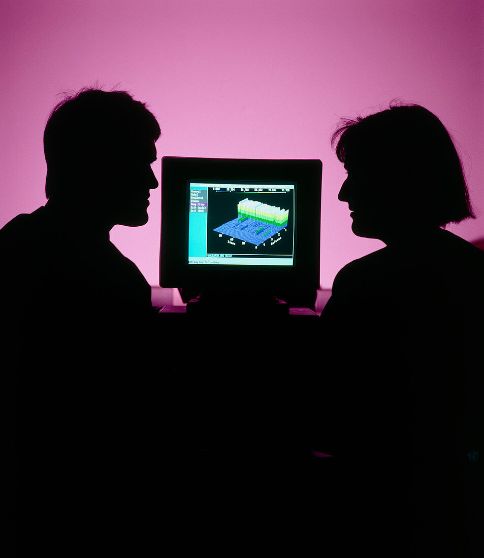 Silhouetted statisticians with a computer 3D graph