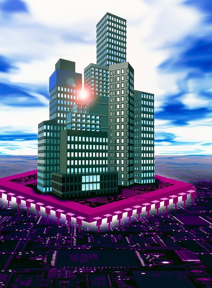 Computer art of future city floating on microchip