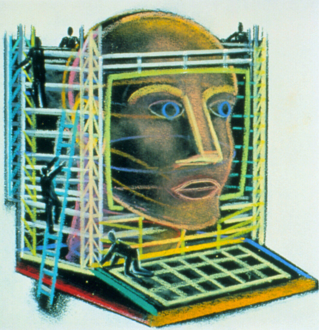 Abstract artwork of a head within a computer