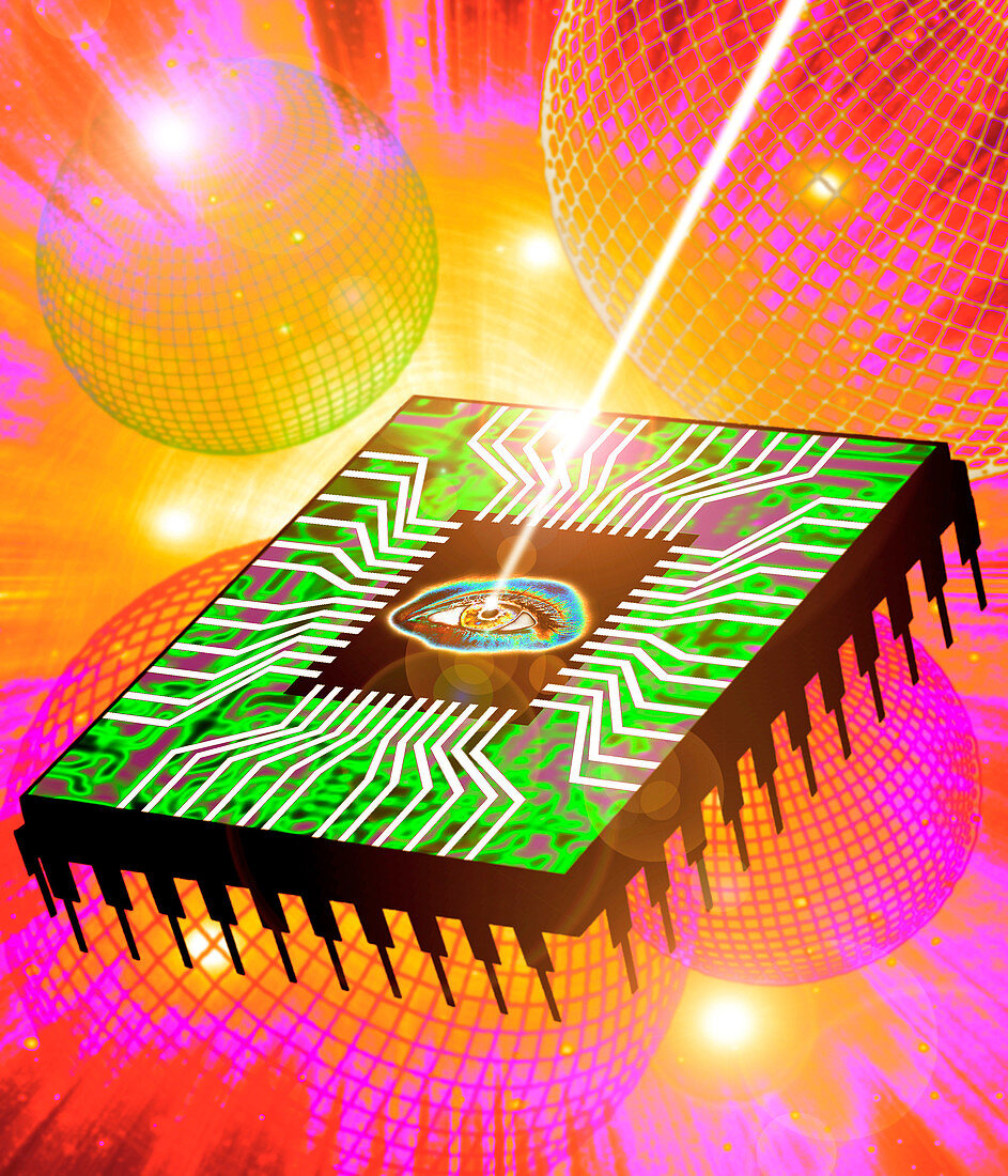 Computer artwork of light hitting eye in microchip