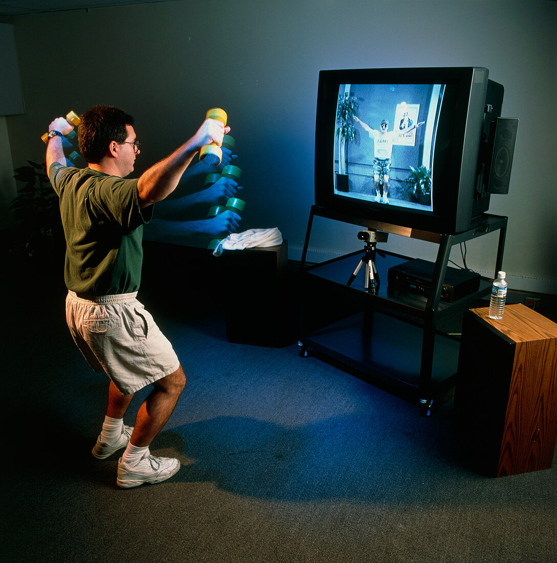 View of a man undergoing virtual aerobics