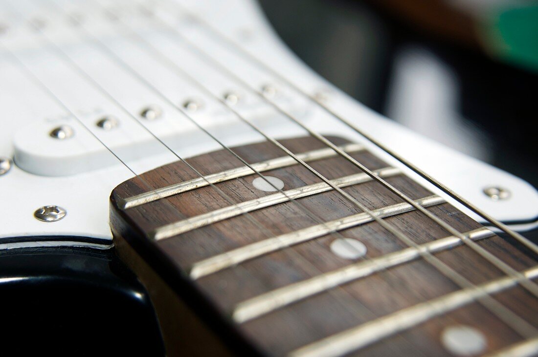Frets on an electric guitar