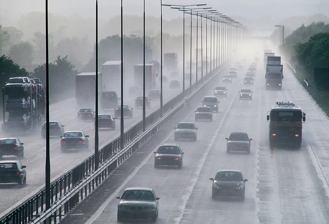 Motorway traffic in the rain