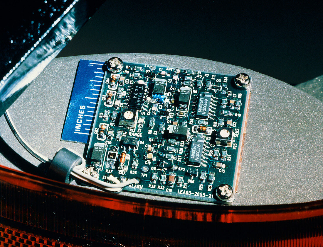 Miniature radar on a circuit board in a car boot