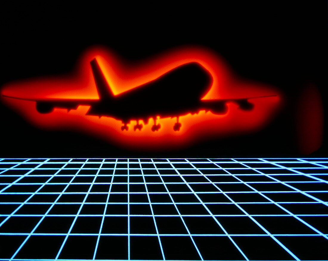Artwork of silhouette of aircraft over blue grid