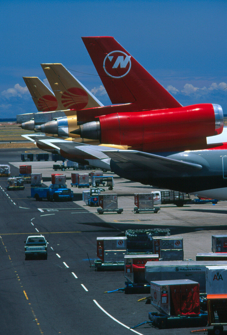 Tails of parked DC-10 airliners at Vancouver